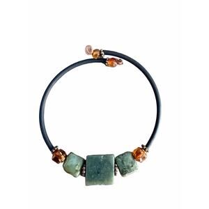 Green Stone & Amber Tone Bead Open Wrap Bracelet – Boho Statement Jewelry